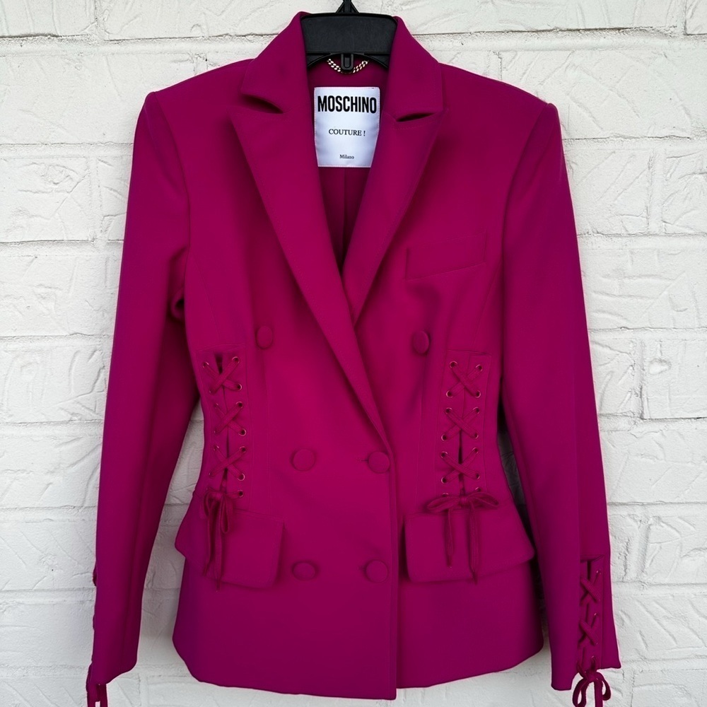 New Moschino Bondage Lacing Crepe Hot Pink Blazer Size 4 - Picture 3 of 16